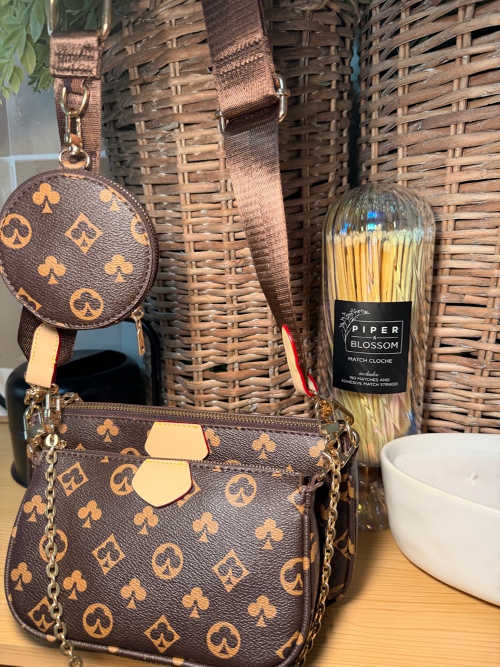Brown Monogram Crossbody Bag with Coin Pouch